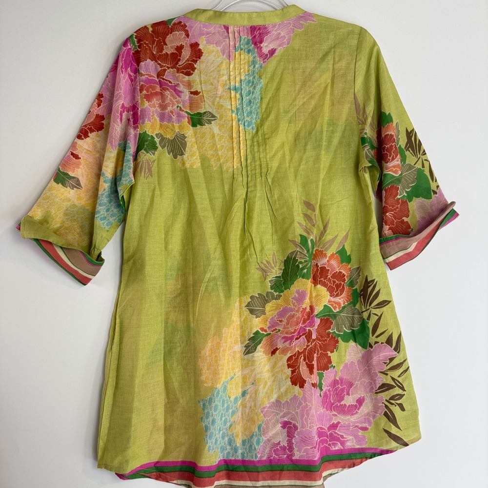 Sundance Floral Pintuck Tunic Women Medium Green Multi Cotton Boho 3/4 Sleeve - Picture 6 of 13